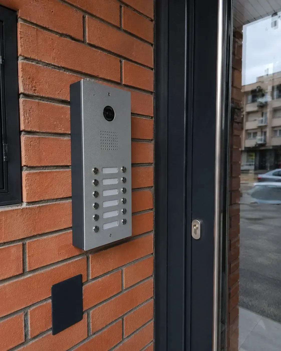 Spoljna jedinica video interfona pored ulaza u stambenu zgradu